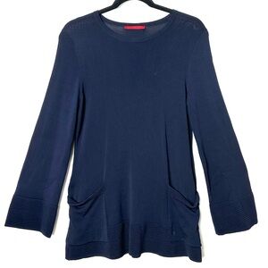 Carolina Herrera Navy Blue Ribbed Cuff Front Pocket Crewneck Long Sweater